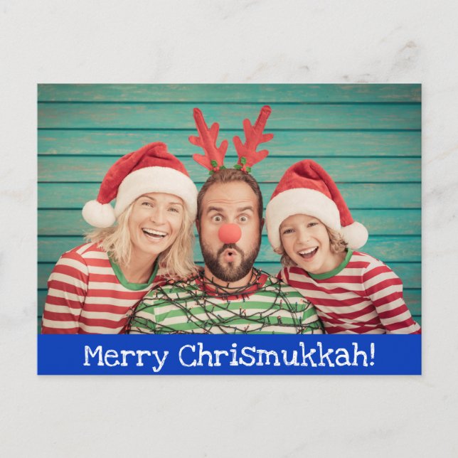 Postal Festiva Fun Moderno Merry Christmukkah Foto Azul y Blanco (Anverso)