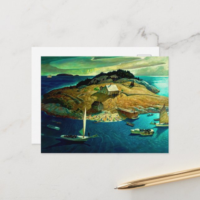 Postal Festiva Funeral de la isla por Newell Convers Wyeth (Anverso/Reverso In Situ)