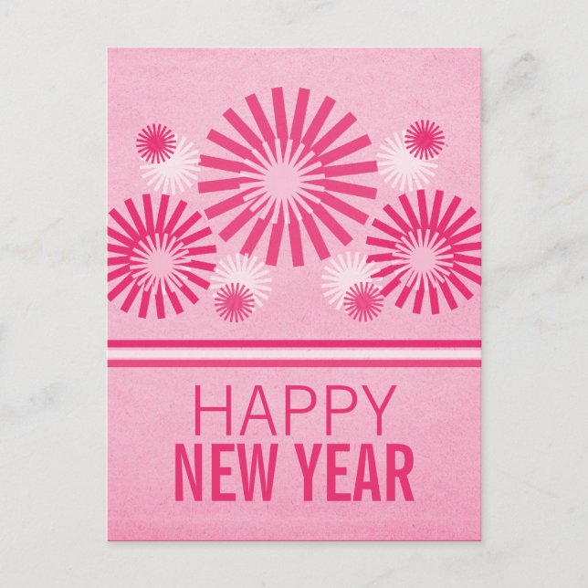 Postal Festiva Funky Fireworks New Years Postcard, Pink (Anverso)