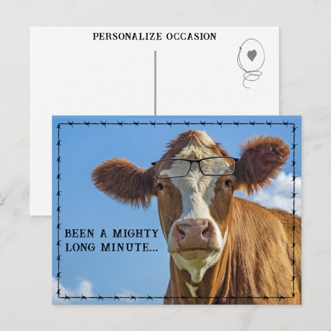 Postal Festiva Funny Country Cow With Glasses Rustic Ranch Humor  (Anverso / Reverso)