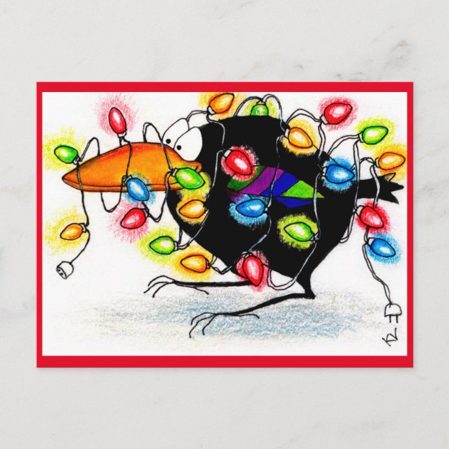 Postal Festiva Funny Crow Winter Navidades luces postcard (Anverso)