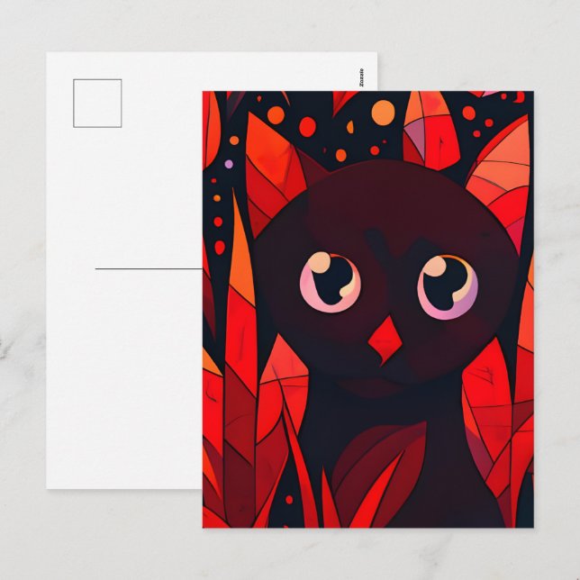 Postal Festiva Funny Cut Cat Hiding Behind Leaves Anime Style (Anverso / Reverso)