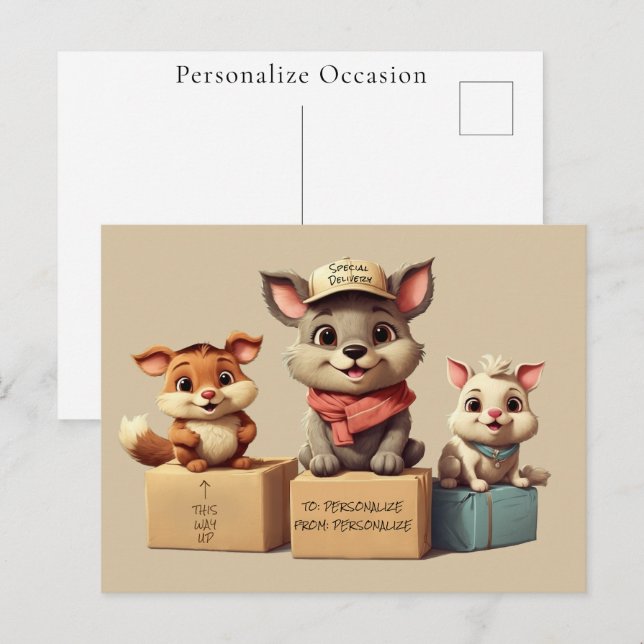 Postal Festiva Funny Cute Cartoon Animals Delivery  Any Occasion (Anverso / Reverso)