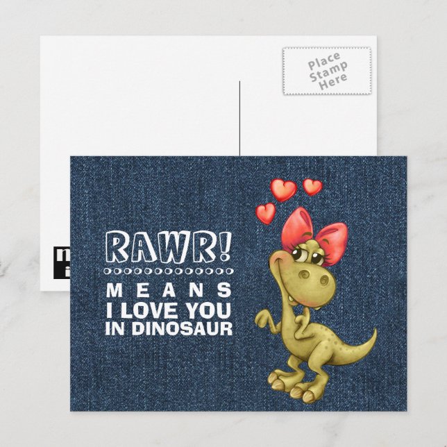 Postal Festiva Funny Dinosaur El día de San Valentín (Anverso / Reverso)