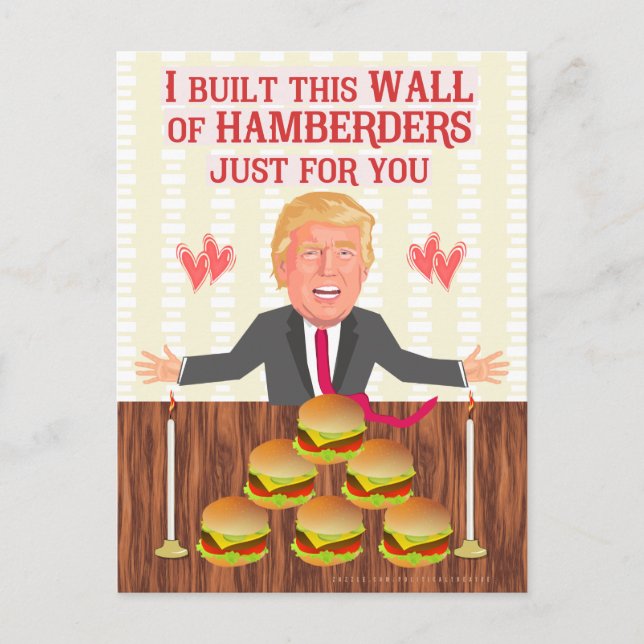 Postal Festiva Funny Donald Trump Hamberders Wall El día de San V (Anverso)