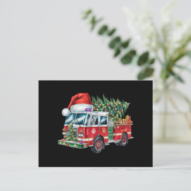 Postal Festiva Funny Firetruck Santa Hat Christmas Tree Lights (Anverso de pie)