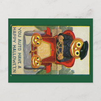 Postal Festiva Funny jack-o-lantern in a car Halloween postcard