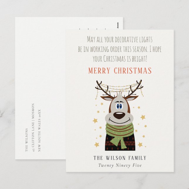 Postal Festiva Funny Navidades de trabajo enredado enciende reno (Anverso / Reverso)
