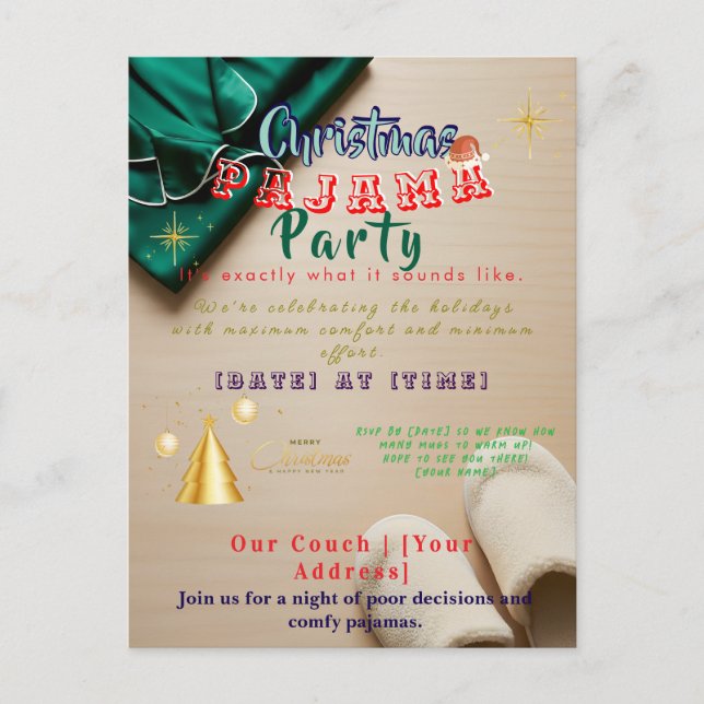 Postal Festiva Funny Plaid Cozy Christmas Pajama Party Invitation (Anverso)