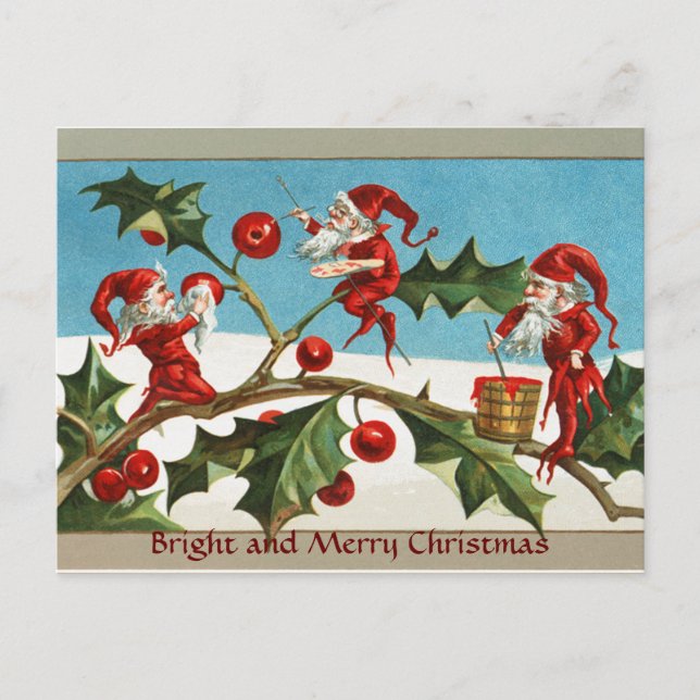 POSTAL FESTIVA FUNNY RED NAVIDADES ELVES, HOLLYBERRIES, MISTLETOR (Anverso)