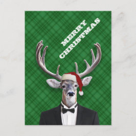 Postal Festiva Funny Santa Hat Navidades Deer Green Plaid