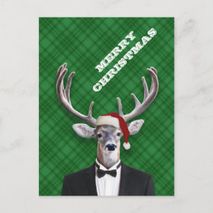 Postal Festiva Funny Santa Hat Navidades Deer Green Plaid
