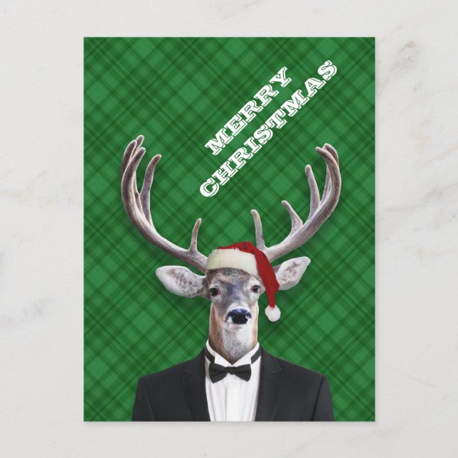 Postal Festiva Funny Santa Hat Navidades Deer Green Plaid (Anverso)