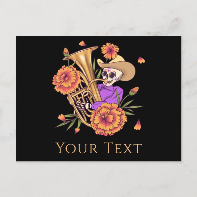 Postal Festiva Funny Skeleton Skull Músico Floral Day Of Deed (Anverso)