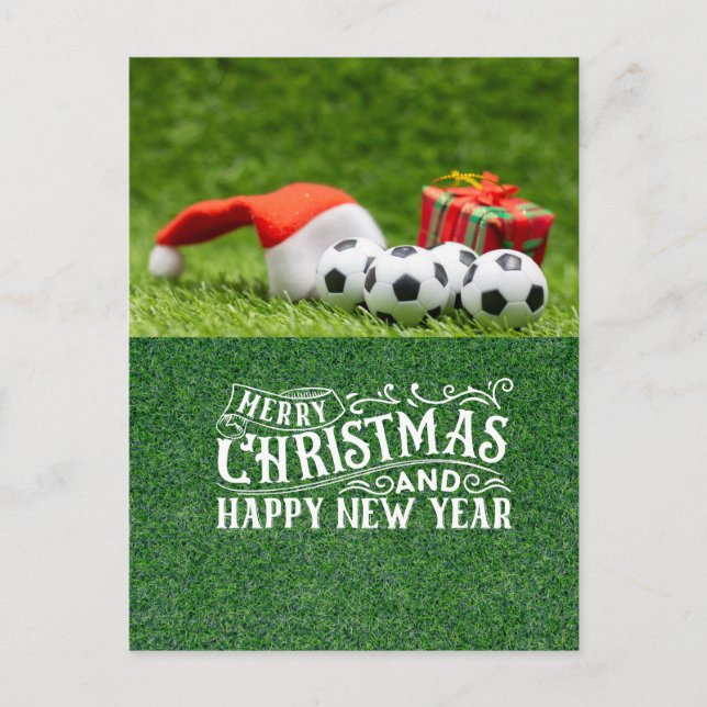 Postal Festiva Fútbol Feliz feriados con Navidades de Santa hat (Anverso)