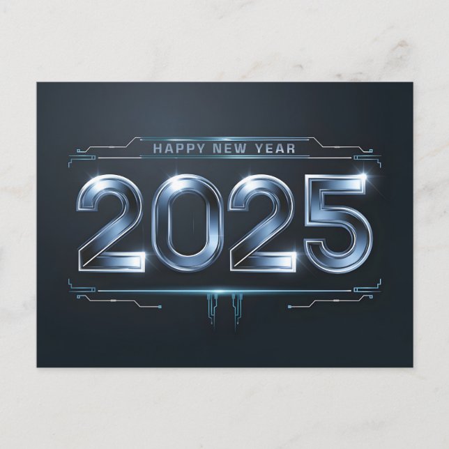 Postal Festiva Futurista Feliz Año Nuevo 2025 a oscuras (Anverso)