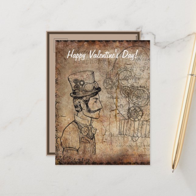 Postal Festiva Gafas de inventor Steampunk Feliz día de San Valen (Anverso/Reverso In Situ)