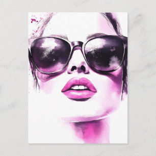 Postal Festiva Gafas de sol de mujer de moda de acuarela rosa chi