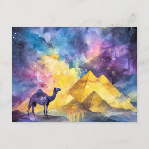 Postal Festiva Galaxia del desierto acuarela Camello Pirámide Via