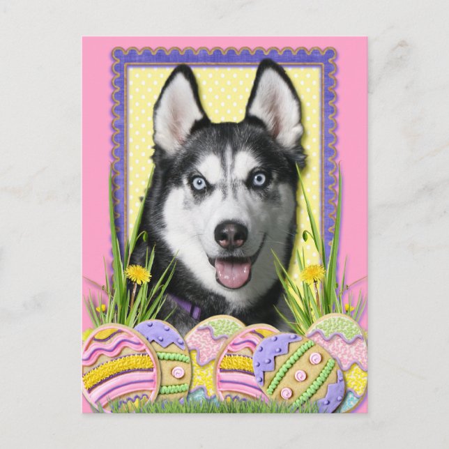 Postal Festiva Galletas del huevo de Pascua - husky siberiano (Anverso)
