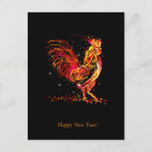 Postal Festiva Gallo de fuego. Animal en llamas brillo diseño gen