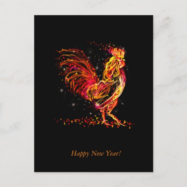 Postal Festiva Gallo de fuego. Diseño fresco animal llamativo (Anverso)