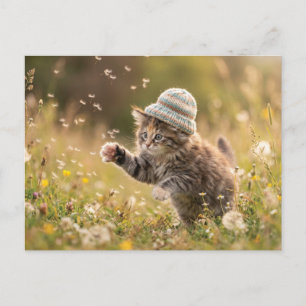 Postal Festiva Gatito Adorable con Sombrero Jugando con Dientes d