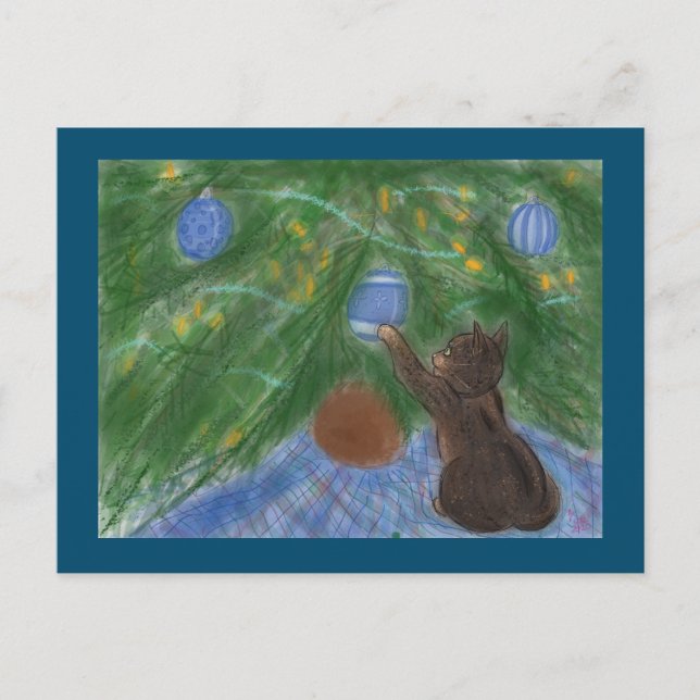 Postal Festiva Gatito con árbol de vacaciones (Anverso)