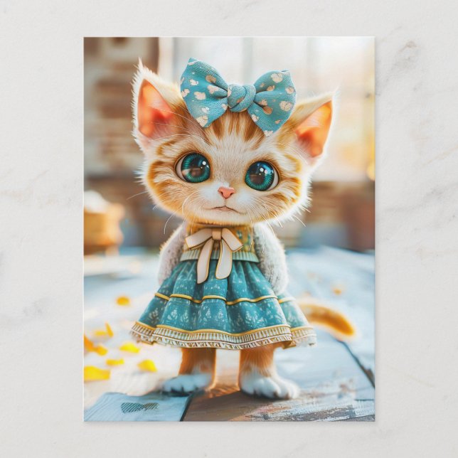 Postal Festiva Gatito con falda azul y blusa (Anverso)