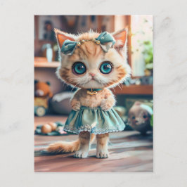 Postal Festiva Gatito con falda azul y cinta en la cabeza