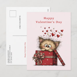 Postal Festiva Gatito de dibujos animados lindo con corazones San