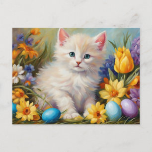 Postal Festiva Gatito de Pascua con flores y huevos de Pascua