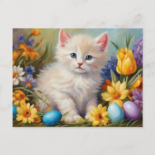Postal Festiva Gatito de Pascua con flores y huevos de Pascua (Anverso)