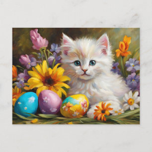 Postal Festiva Gatito de Pascua con flores y huevos pintados