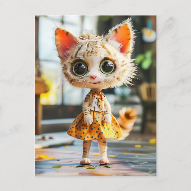 Postal Festiva Gatito en falda amarilla y blusa (Anverso)