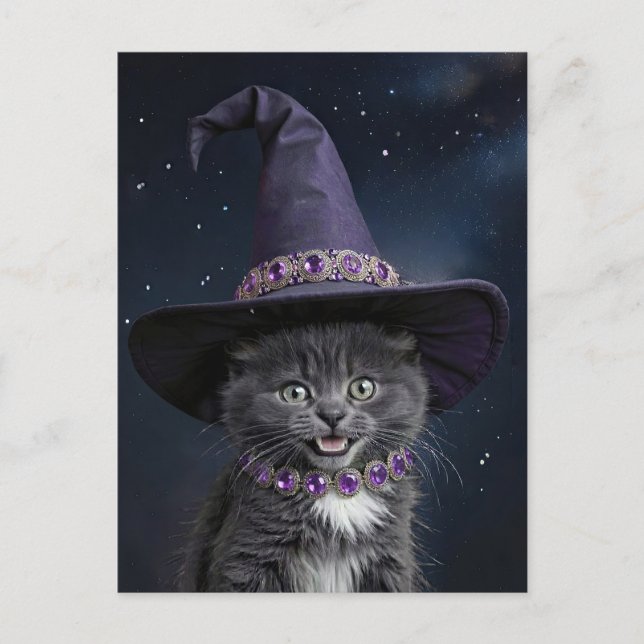 Postal Festiva Gatito grisáceo lindo con Gorra de bruja Halloween (Anverso)