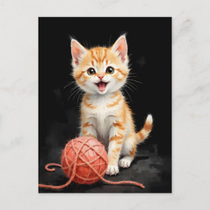 Postal Festiva Gatito Juguetón con Estampa de Acuarela de Hilo