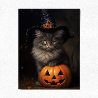 Postal Festiva Gatito lindo con calabaza, Halloween victoriano