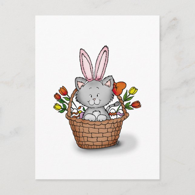 Postal Festiva Gatito lindo en la canasta de Pascua (Anverso)