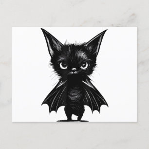 Postal Festiva Gatito Negro Grumpy De Halloween Con Traje De Bate