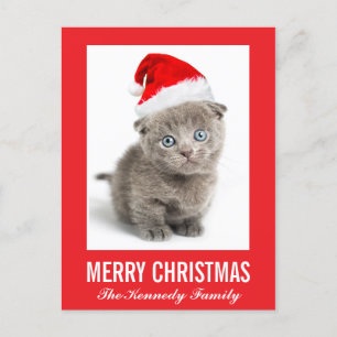 Postal Festiva Gatito que lleva un gorra de Santa