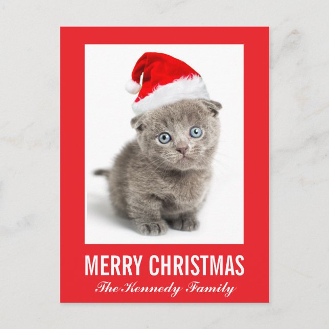 Postal Festiva Gatito que lleva un gorra de Santa (Anverso)