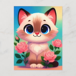 Postal Festiva Gatito siamés lindo con rosas Impresión de arte pa