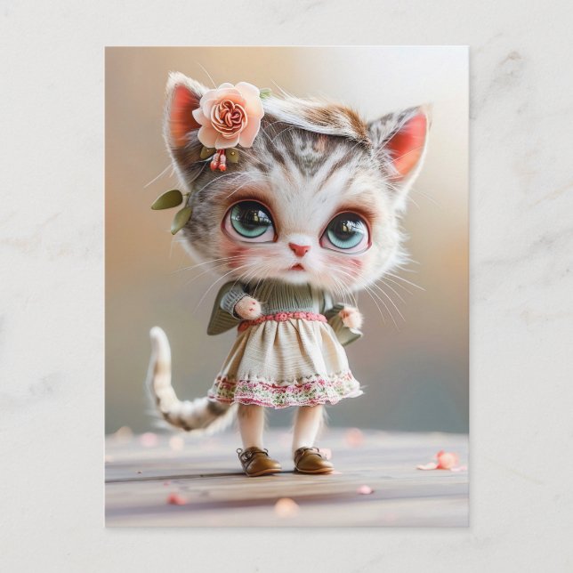 Postal Festiva Gatito vestido de blanco en interiores (Anverso)