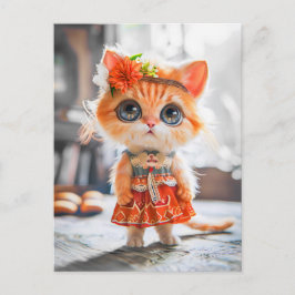 Postal Festiva Gatito vestido de rojo en la habitación