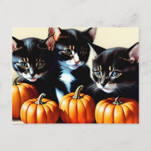 Postal Festiva Gatitos otoñales con calabazas