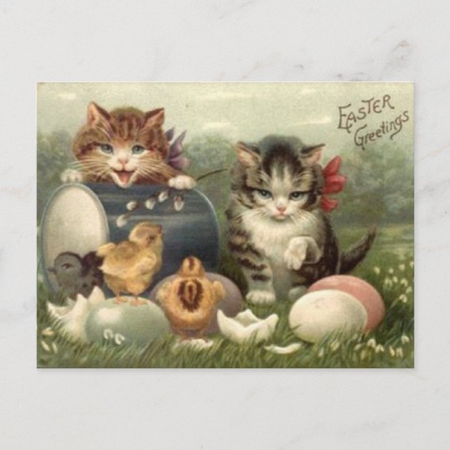 Postal Festiva Gatitos retros Pascua de los gatos del arte del (Anverso)