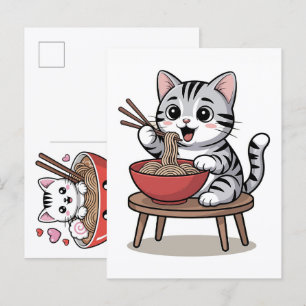 Postal Festiva Gato Adorable Disfrutando un Festín de Sabrosos Fi