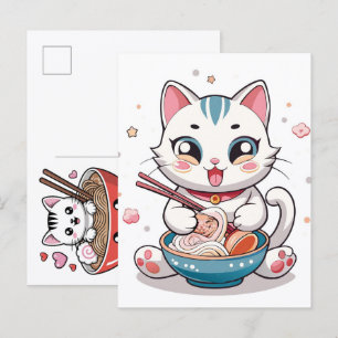 Postal Festiva Gato Adorable Disfrutando un Festín de Sabrosos Fi