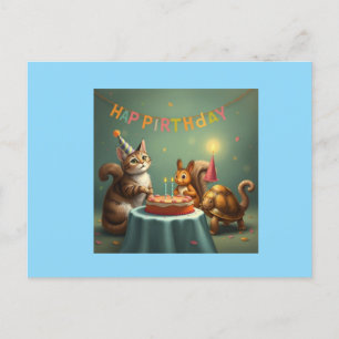 Postal Festiva Gato, ardilla y tortuga feliz cumpleaños fantasía